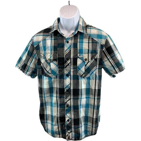 No Fear Mens Button Down Shirt Medium Casual Pockets Short Sleeve Cotton Flannel - Picture 1 of 11